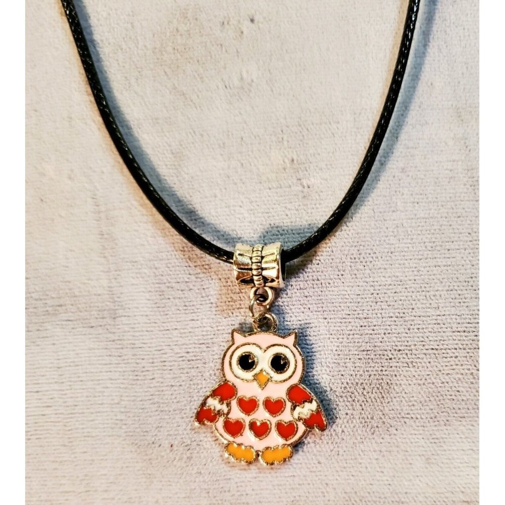 Pink Enamel Owl Pendant Necklace With Black Cord 22" NEW